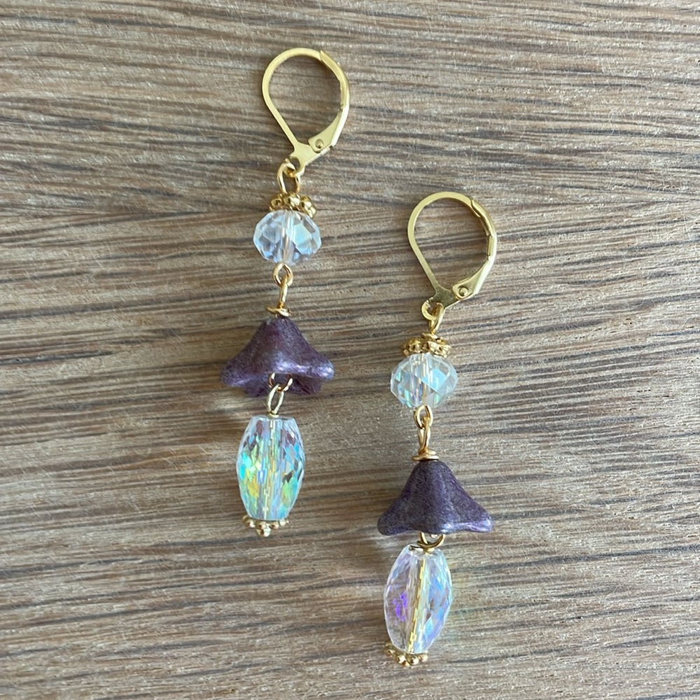 HAND CRAFTED PIERCED EARRINGS Dangling AB Crystals Purple Czech Beads - Picture 6 of 12